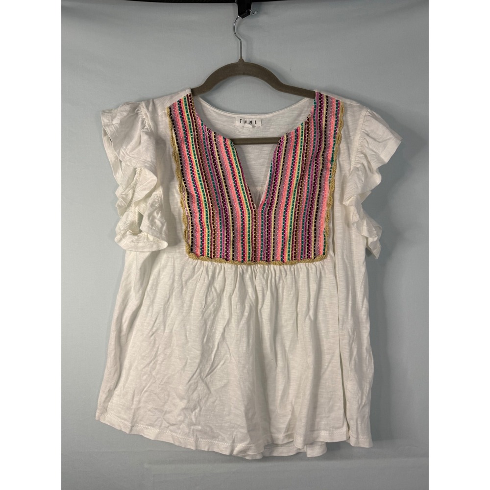 THML Embroidered Flutter Sleeve Top Womens Small White Boho Ruffle SRT1350-WH